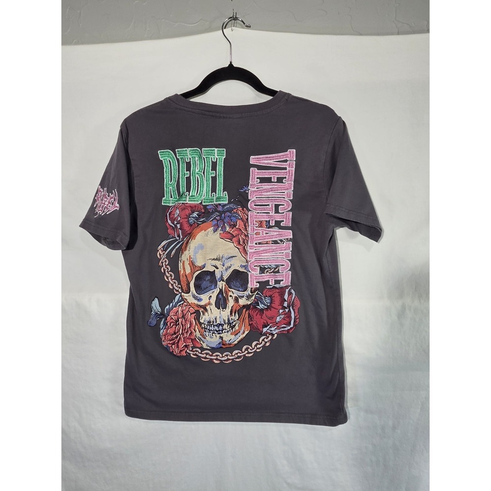 Unisex Rebel Vengeance Skull Floral Graphic T-Shirt M Charcoal Grey‎ Embroidered